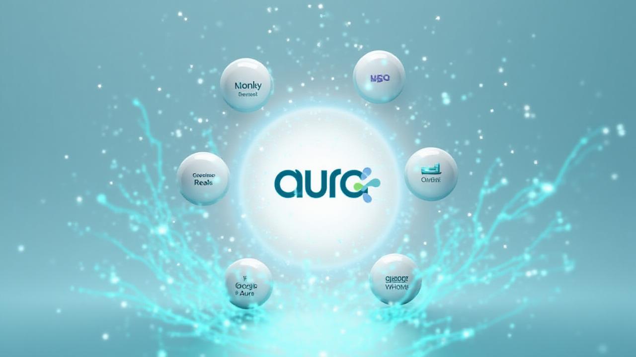 Illustrative graphic showing logos of Apple Health, Google Fit, Oura Ring, and WHOOP seamlessly integrating into the Aura Bloom logo, symbolizing data aggregation and a unified wellness hub.